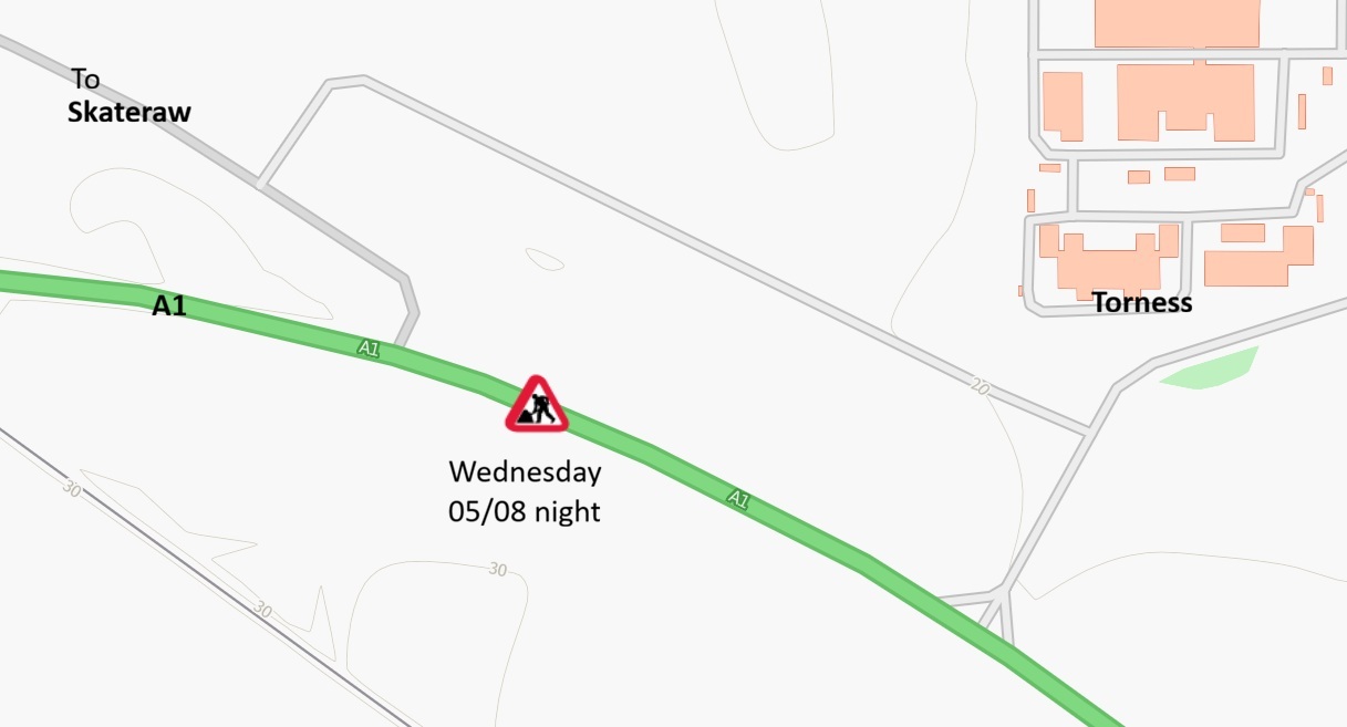 A1 overnight works near Torness